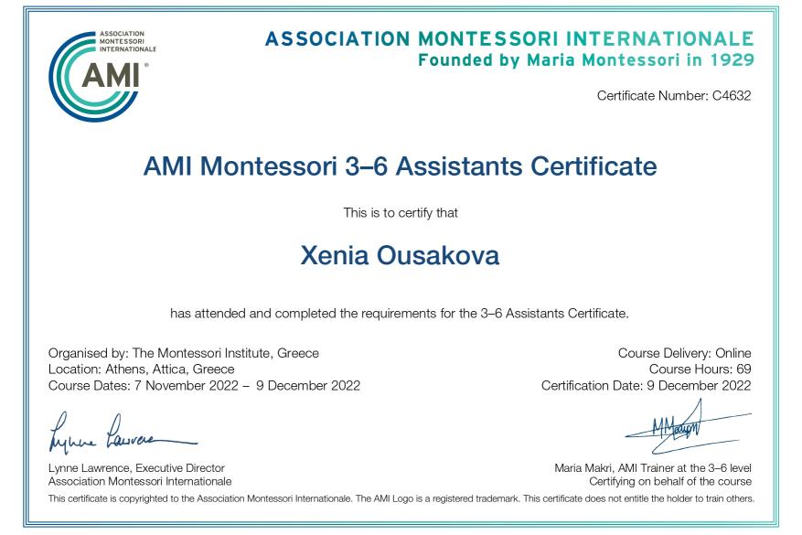 Εκπαίδευση "AMI Montessori 3-6 Assistant", Εισηγήτρια Μακρή Μαρία, AMI Auxiliary Trainer